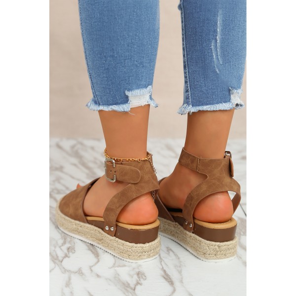 Brown Open Toe Ankle Strap Buckle PU Thick Bottom Wedge Sandals