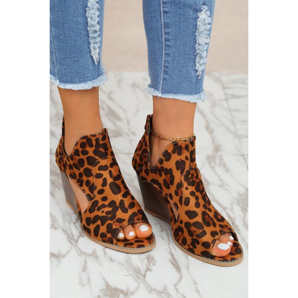 Peep-toe Leopard Print Thick-soled Wedged Sandals