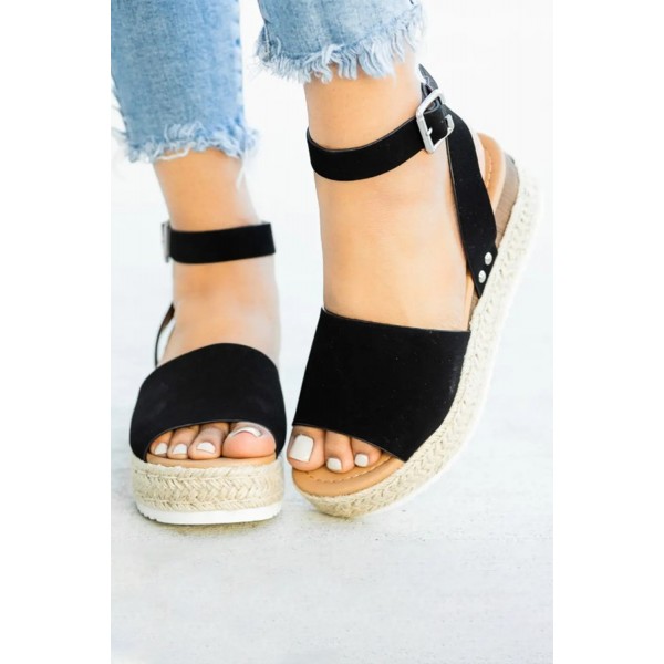 Black Suede Woven Platform Sandals
