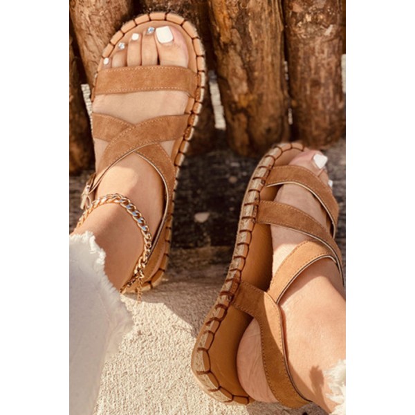 Brown Open Toe Crisscross Straps PU Flat Sandals