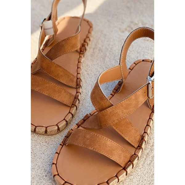 Brown Open Toe Crisscross Straps PU Flat Sandals