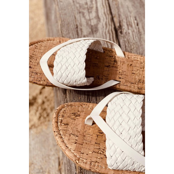 White Woven Flat Flip Flops Sandals