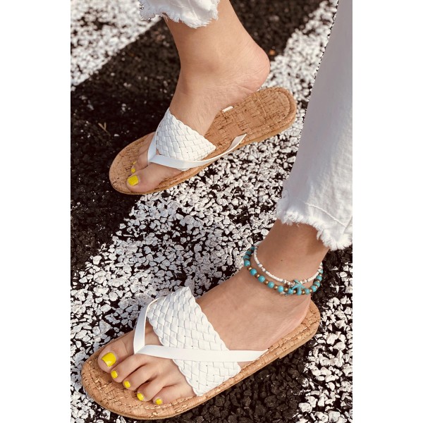 White Woven Flat Flip Flops Sandals