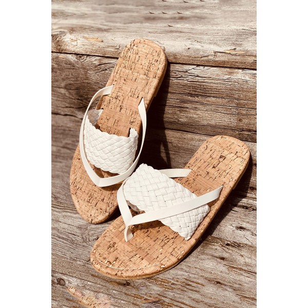 White Woven Flat Flip Flops Sandals