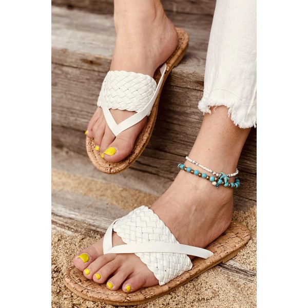 White Woven Flat Flip Flops Sandals