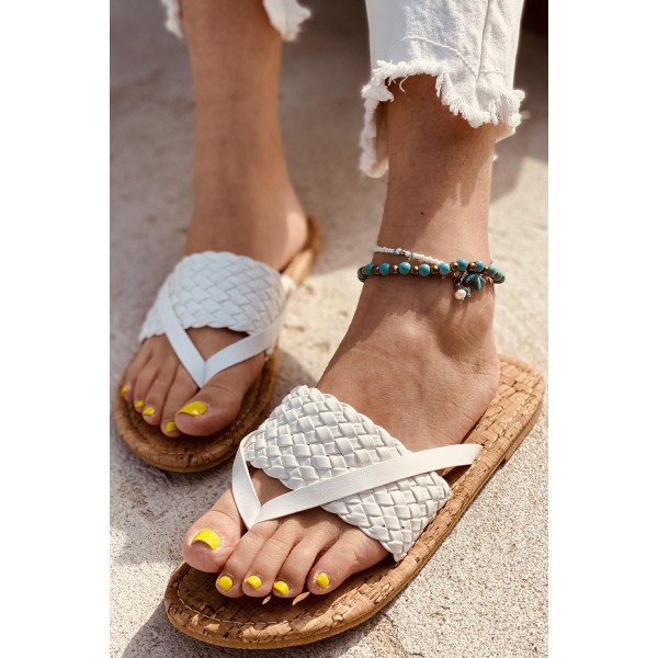 White Woven Flat Flip Flops Sandals