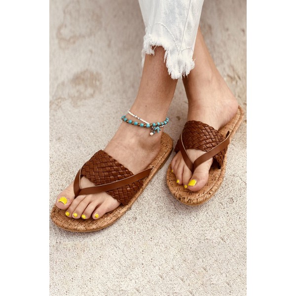 Brown Woven Flat Flip Flops Sandals