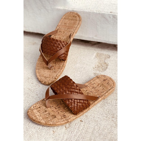 Brown Woven Flat Flip Flops Sandals