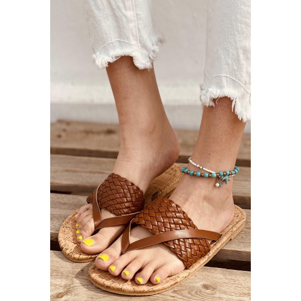 Brown Woven Flat Flip Flops Sandals