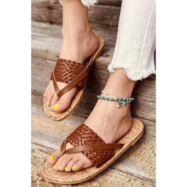 Brown Woven Flat Flip Flops Sandals