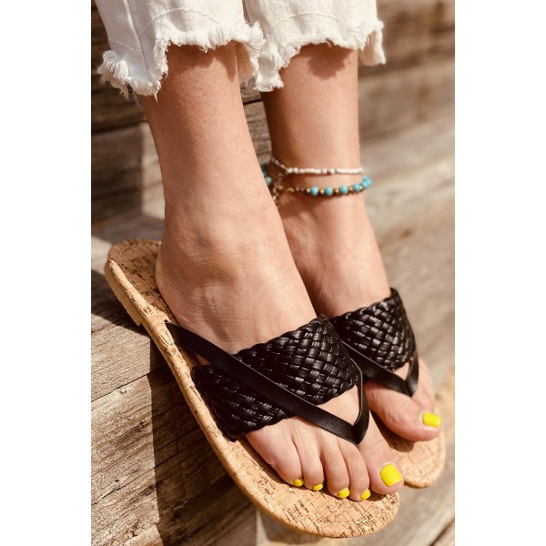 Black Woven Flat Flip Flops Sandals