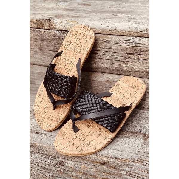 Black Woven Flat Flip Flops Sandals