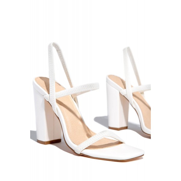 White Strappy Square Toe Chunky Heel Sandals