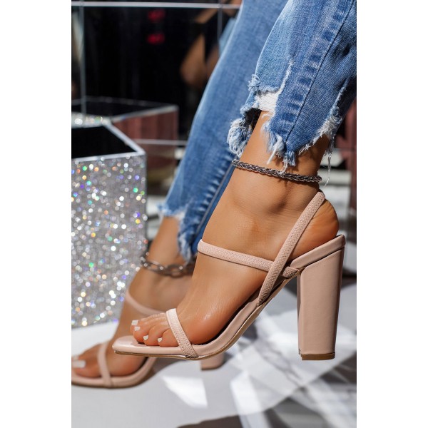 Pink Strappy Square Toe Chunky Heel Sandals