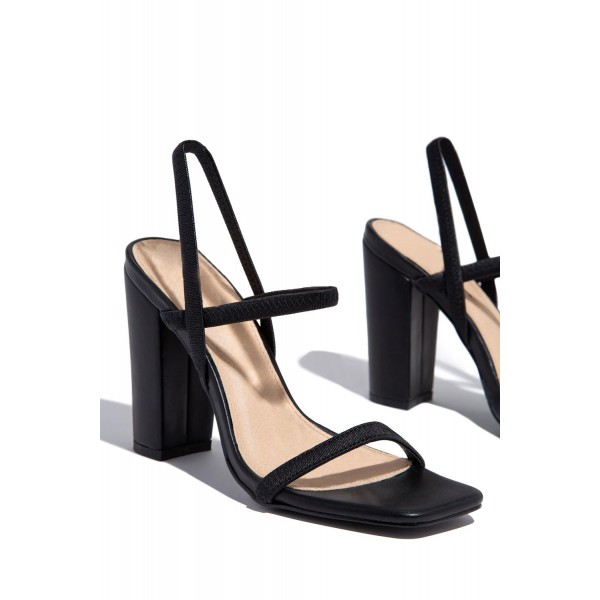 Black Strappy Square Toe Chunky Heel Sandals