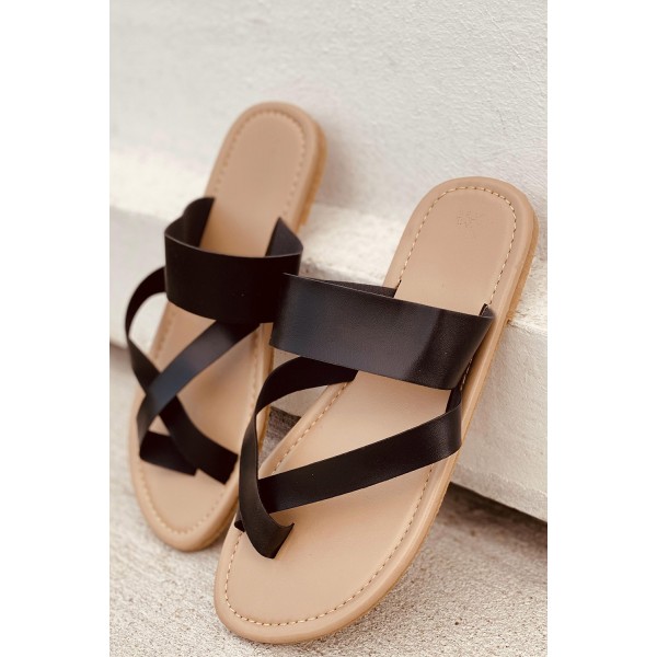 Black Toe Post Flat Thong Sandals