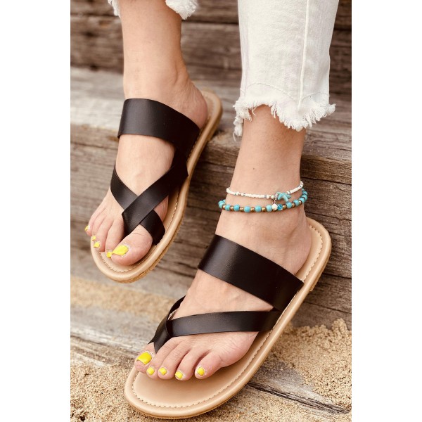 Black Toe Post Flat Thong Sandals