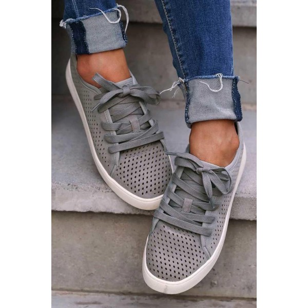 Breathable Hole Lace Up Round Toe Flat Sneakers