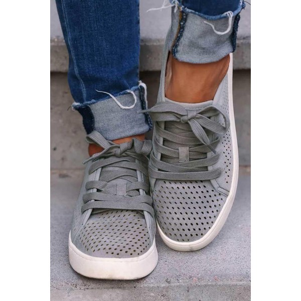 Breathable Hole Lace Up Round Toe Flat Sneakers