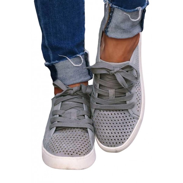 Breathable Hole Lace Up Round Toe Flat Sneakers