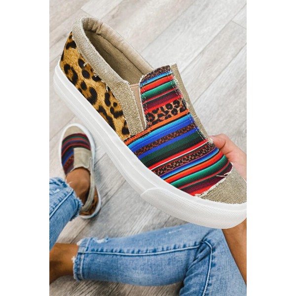 Stripes Leopard Splicing Flat Canvas Sneakers