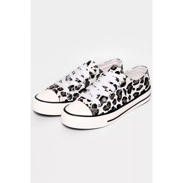 White Leopard Print Lace up Canvas Shoes