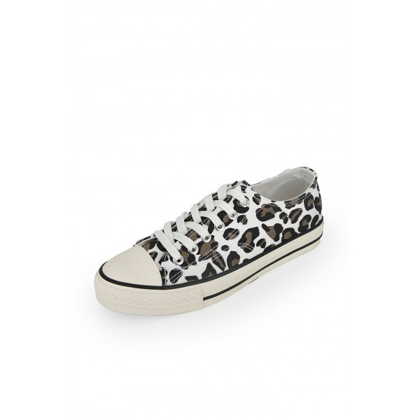 White Leopard Print Lace up Canvas Shoes