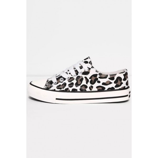 White Leopard Print Lace up Canvas Shoes
