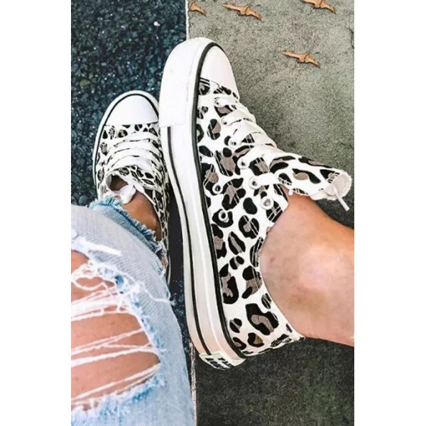 White Leopard Print Lace up Canvas Shoes