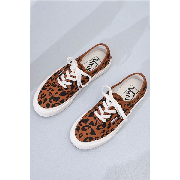 Leopard Lace Up Round Toe Flat Canvas Sneakers