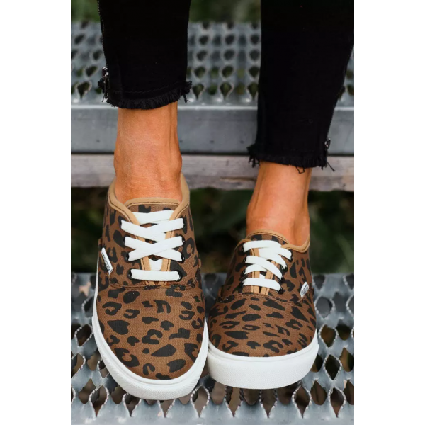 Leopard Lace Up Round Toe Flat Canvas Sneakers