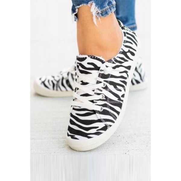 Zebra Lace Up Flat Canvas Sneakers