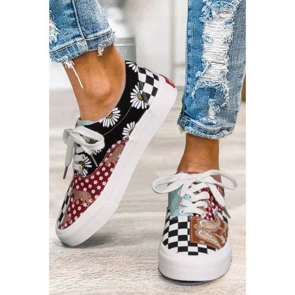 Western Plaid Daisy Animal Lace Up Sneakers