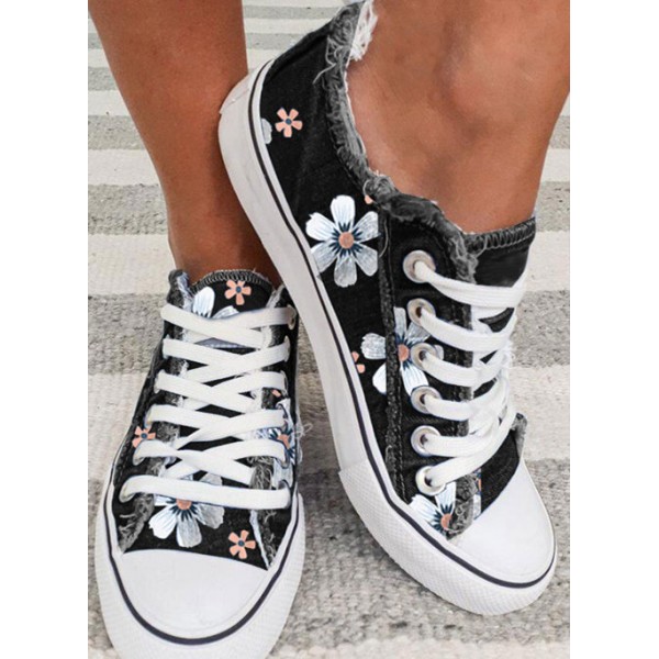 Black Floral Print Lace-up Canvas Sneakers