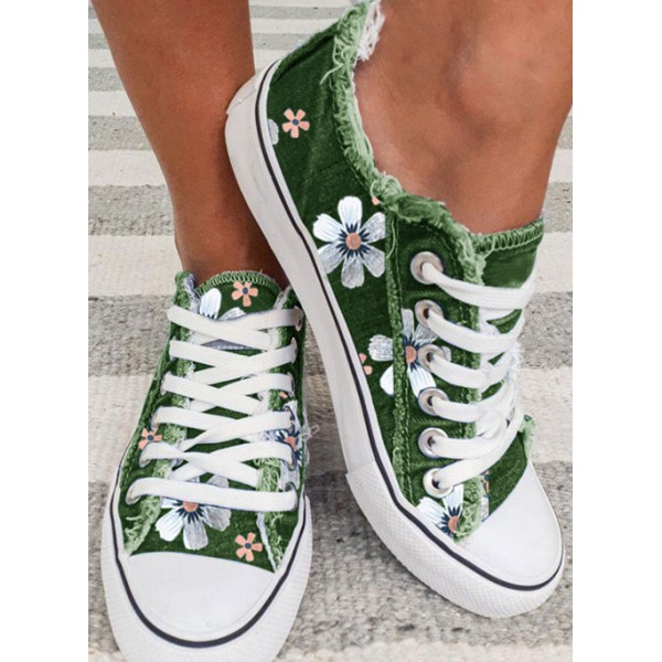 Green Floral Print Lace-up Canvas Sneakers