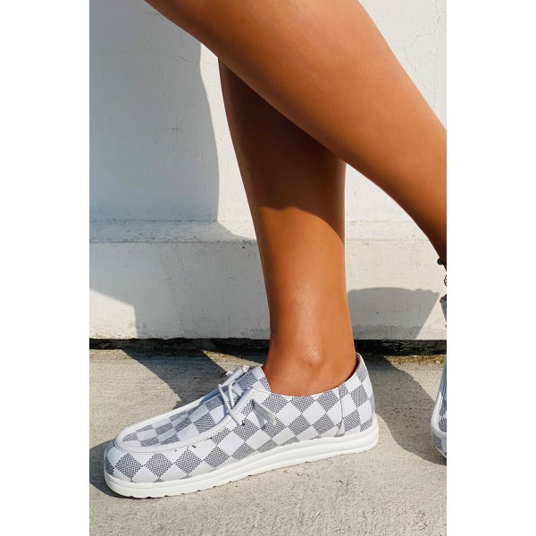 White Plaid Print Round Toe Canvas Sneaker