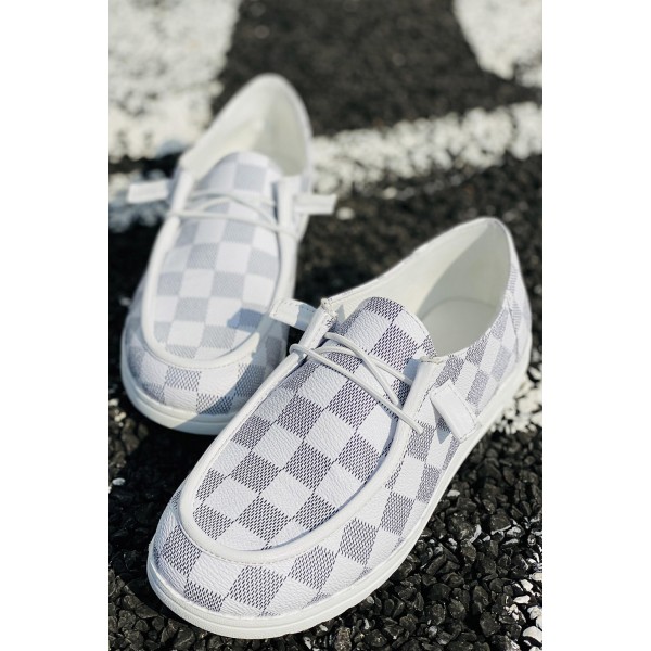White Plaid Print Round Toe Canvas Sneaker