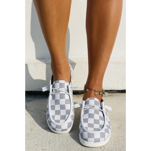 White Plaid Print Round Toe Canvas Sneaker
