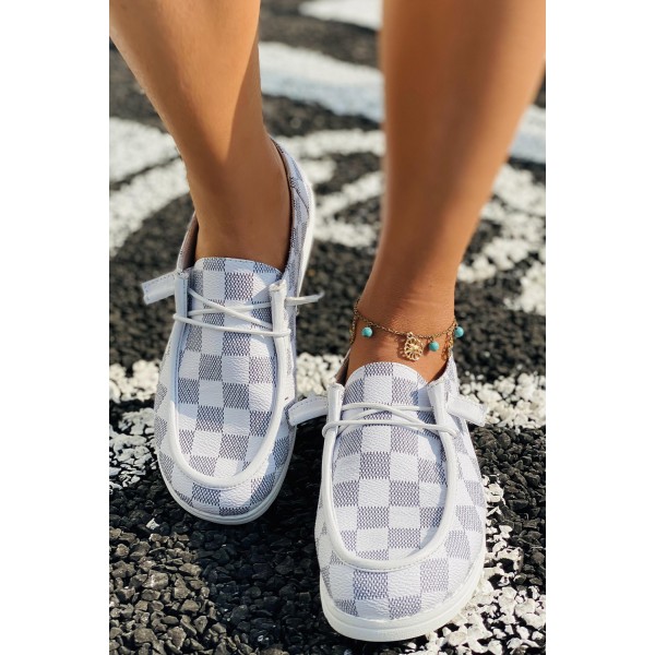 White Plaid Print Round Toe Canvas Sneaker