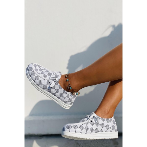 White Plaid Print Round Toe Canvas Sneaker