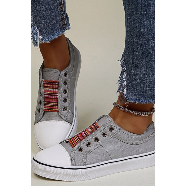 Gray Striped Round Toe Slip-on Sneakers