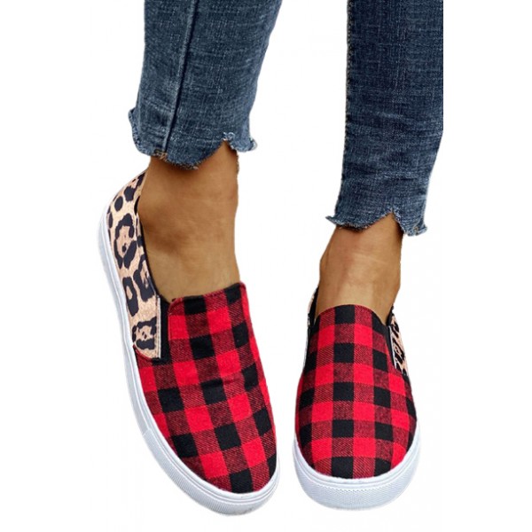 Plaid Leopard Splicing Round Toe Slip-on Shoes