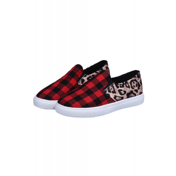 Plaid Leopard Splicing Round Toe Slip-on Shoes