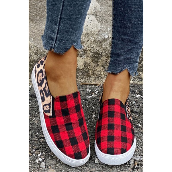Plaid Leopard Splicing Round Toe Slip-on Shoes