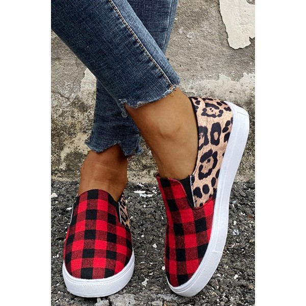 Plaid Leopard Splicing Round Toe Slip-on Shoes