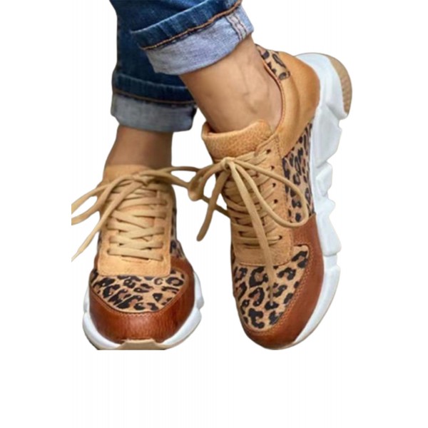 Leopard Faux Leather Color Block Lace Up Sneakers