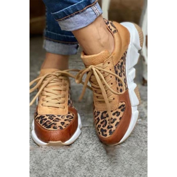 Leopard Faux Leather Color Block Lace Up Sneakers