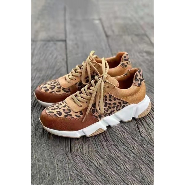Leopard Faux Leather Color Block Lace Up Sneakers