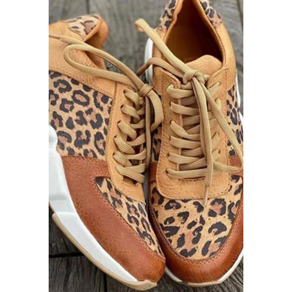 Leopard Faux Leather Color Block Lace Up Sneakers