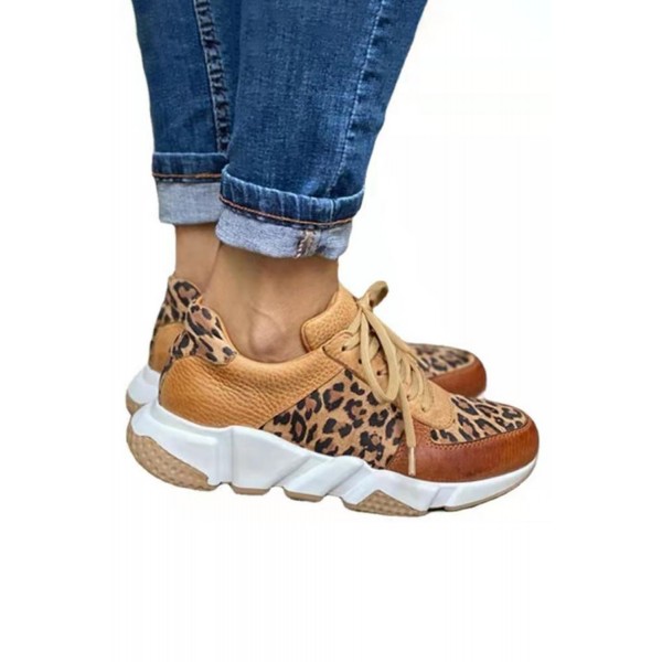 Leopard Faux Leather Color Block Lace Up Sneakers
